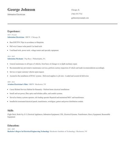 Substation Electrician Resume