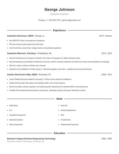 Substation Electrician Resume