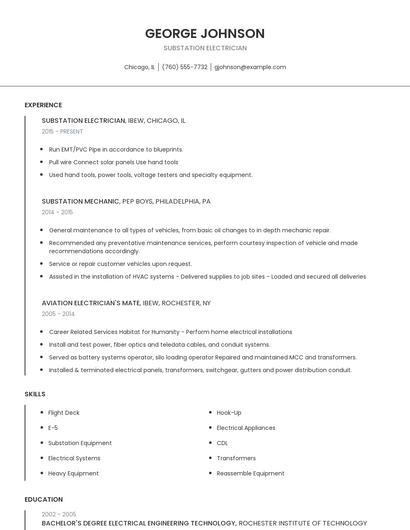 Substation Electrician Resume