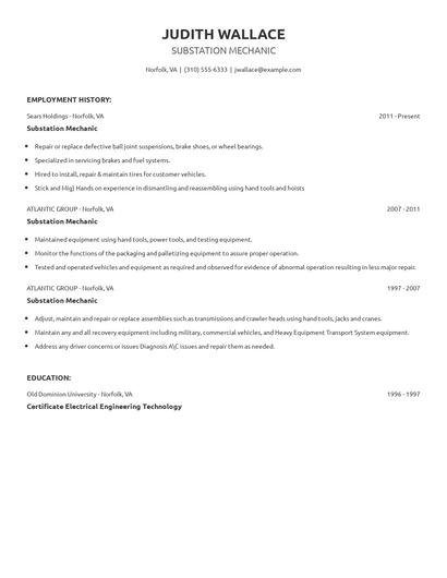 Substation Mechanic Resume