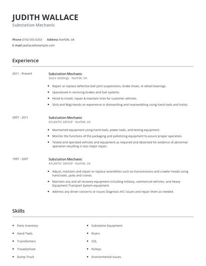 Substation Mechanic Resume