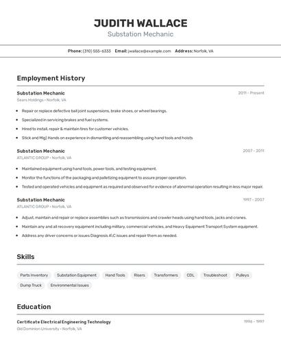 Substation Mechanic Resume