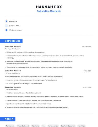 Substation Mechanic Resume