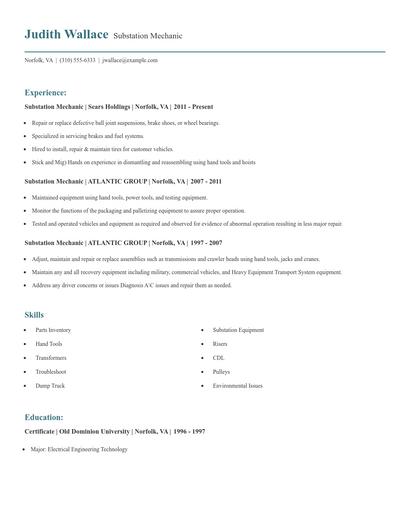 Substation Mechanic Resume