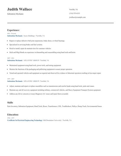 Substation Mechanic Resume