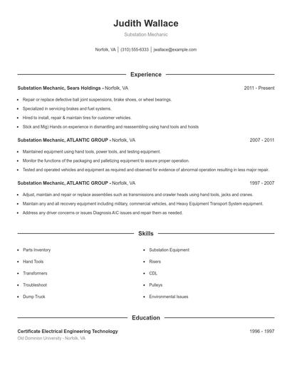 Substation Mechanic Resume