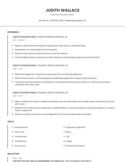 Substation Mechanic Resume