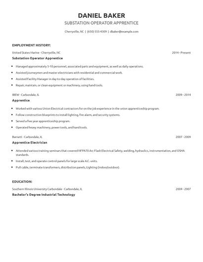 Substation Operator Apprentice Resume