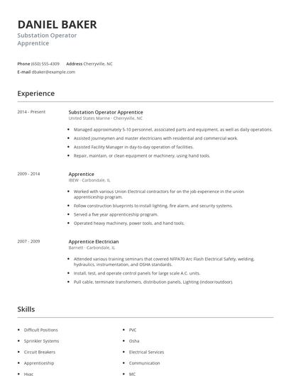 Substation Operator Apprentice Resume