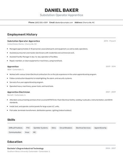 Substation Operator Apprentice Resume