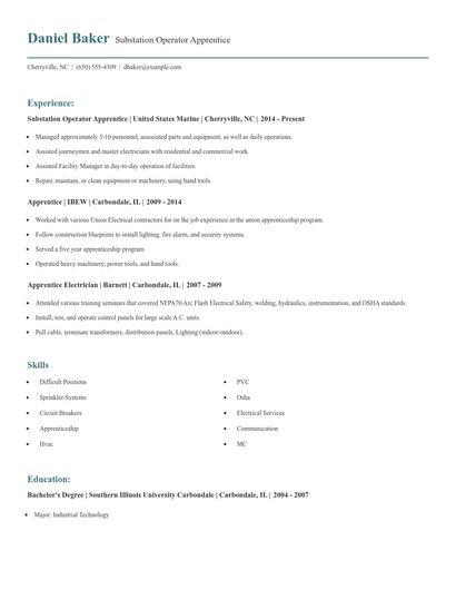 Substation Operator Apprentice Resume
