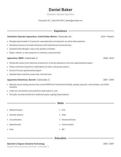 Substation Operator Apprentice Resume