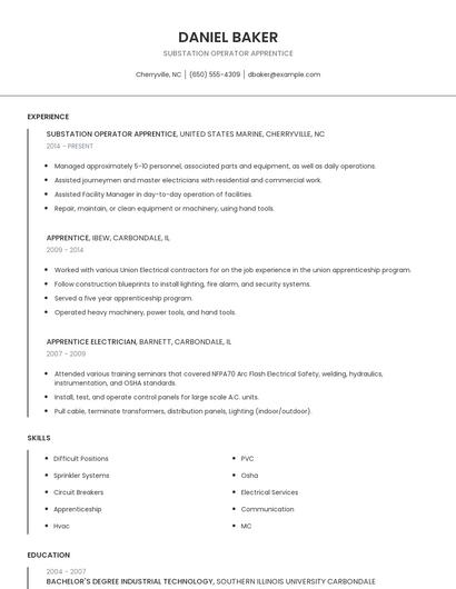 Substation Operator Apprentice Resume