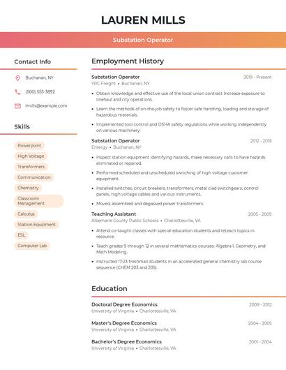 Substation Operator Resume