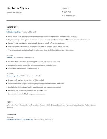 Substation Technician Resume