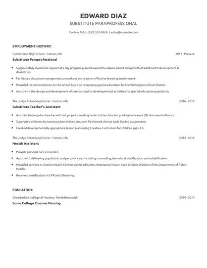 Substitute Paraprofessional Resume