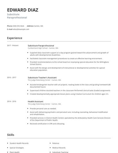 Substitute Paraprofessional Resume
