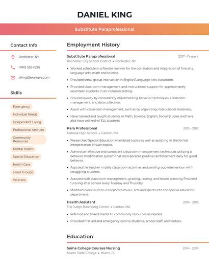 Substitute Paraprofessional Resume