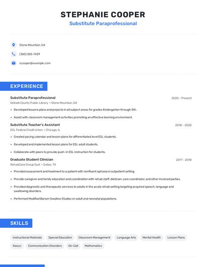 Substitute Paraprofessional Resume