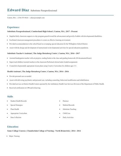 Substitute Paraprofessional Resume