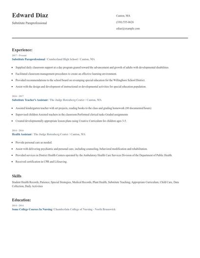 Substitute Paraprofessional Resume