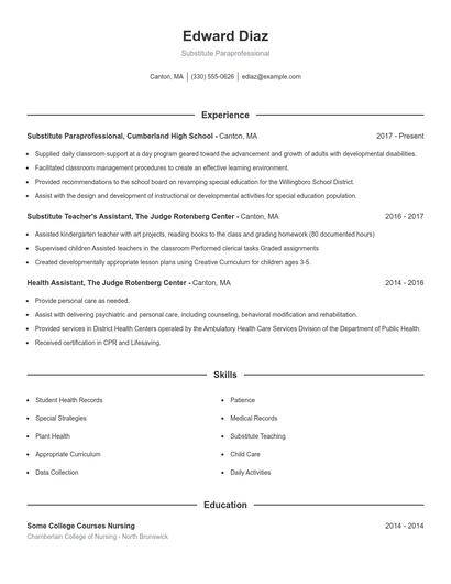 Substitute Paraprofessional Resume
