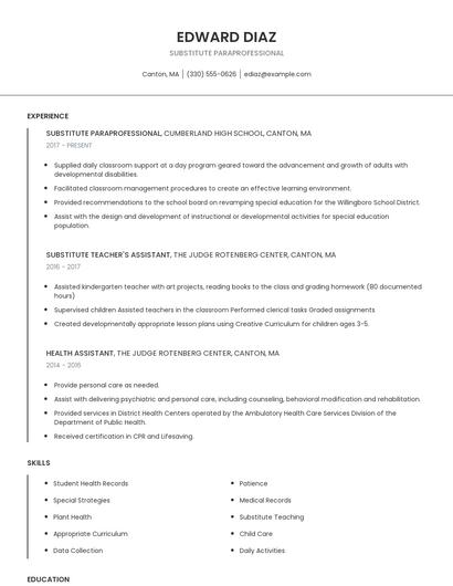 Substitute Paraprofessional Resume