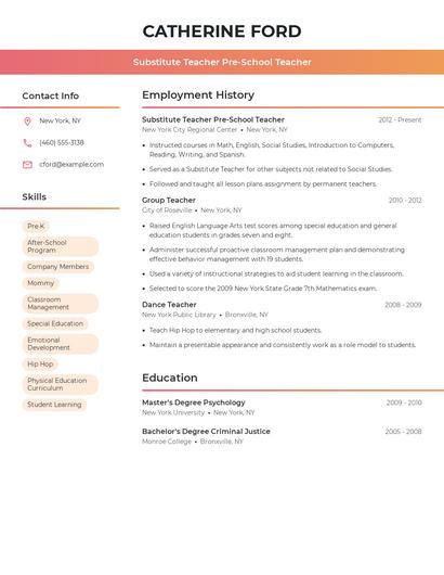 Substitute Teacher Pre-School Teacher Resume