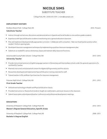 Substitute Teacher Resume