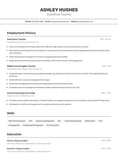 Substitute Teacher Resume