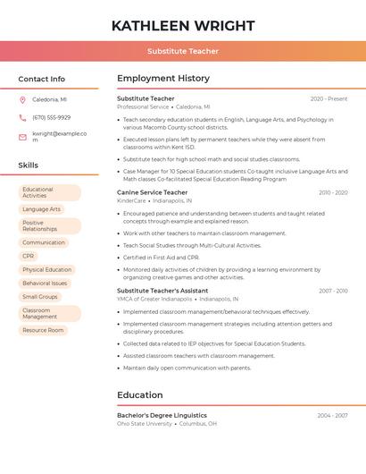 Substitute Teacher Resume