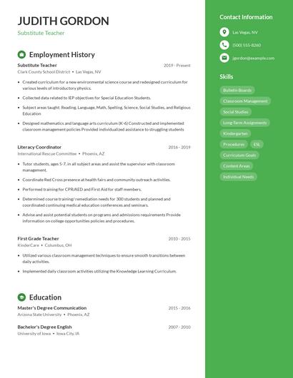 Substitute Teacher Resume