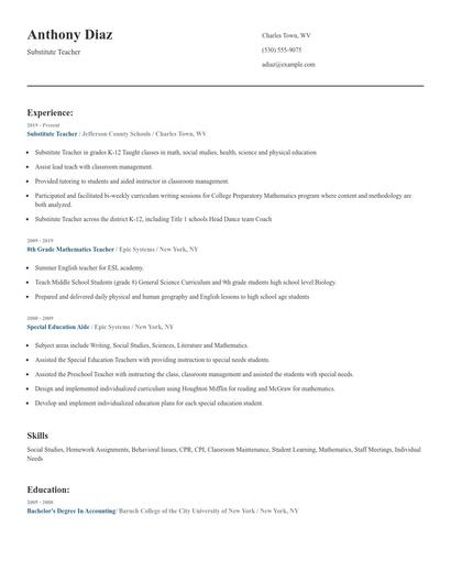 Substitute Teacher Resume
