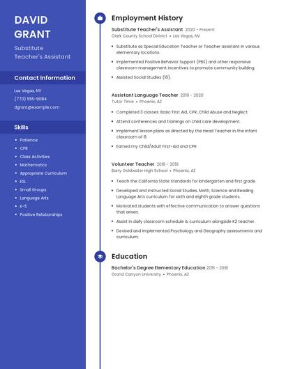 Substitute Teacher's Assistant Resume