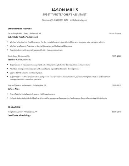 Substitute Teacher's Assistant Resume
