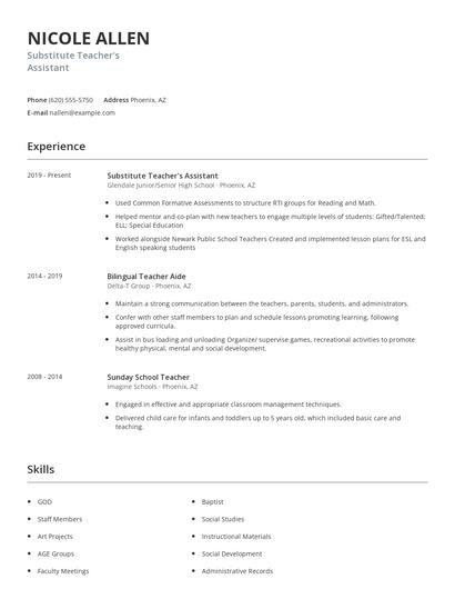Substitute Teacher's Assistant Resume