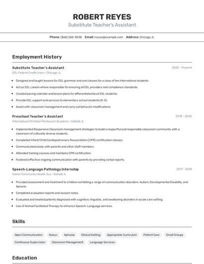 Substitute Teacher's Assistant Resume