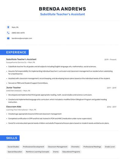 Substitute Teacher's Assistant Resume