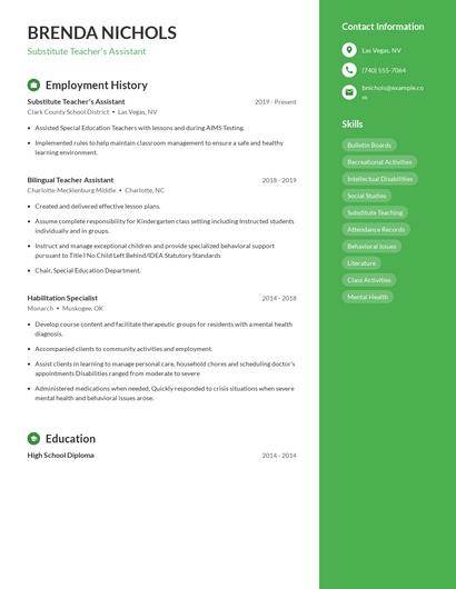 Substitute Teacher's Assistant Resume