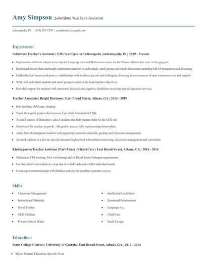 Substitute Teacher's Assistant Resume