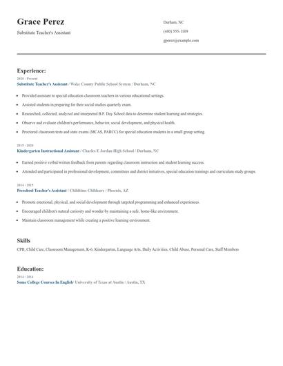 Substitute Teacher's Assistant Resume