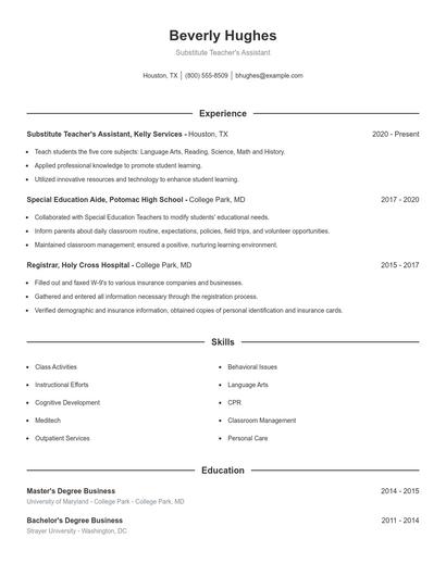 Substitute Teacher's Assistant Resume