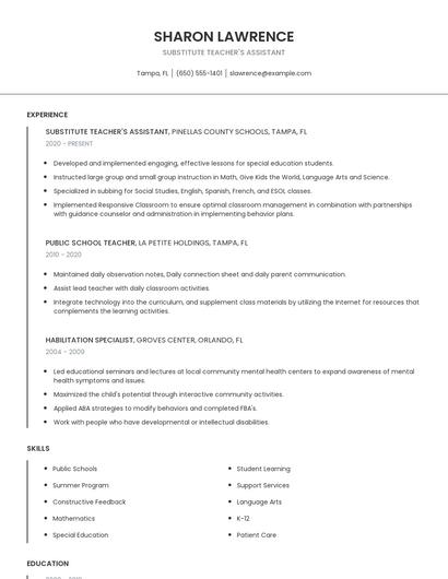 Substitute Teacher's Assistant Resume
