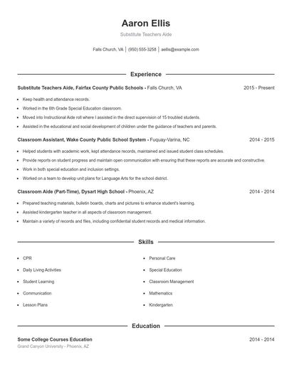 Substitute Teachers Aide Resume