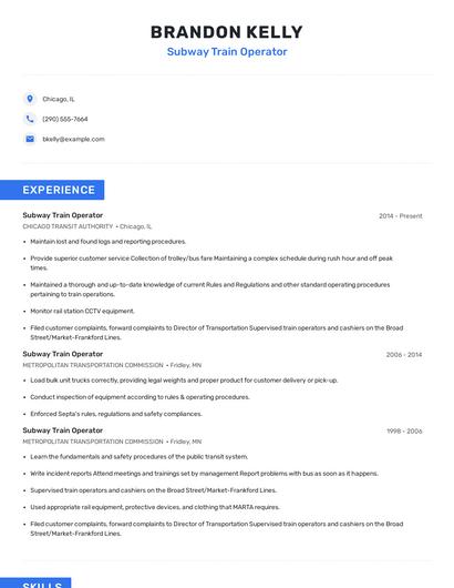 Subway Train Operator Resume