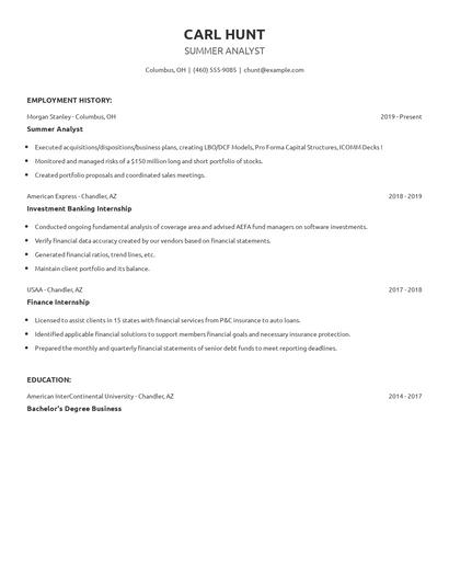 Summer Analyst Resume