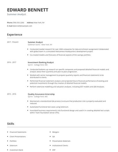 Summer Analyst Resume