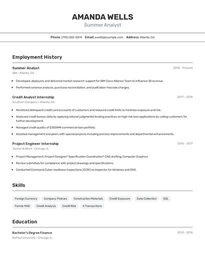 Summer Analyst Resume