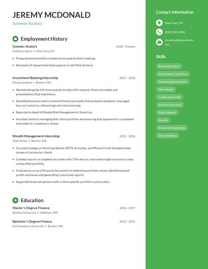 Summer Analyst Resume