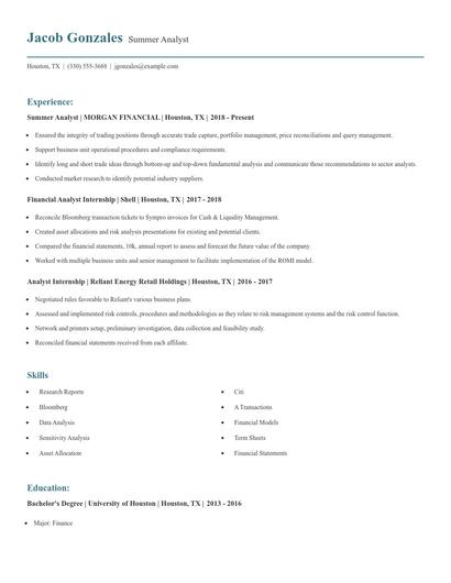 Summer Analyst Resume